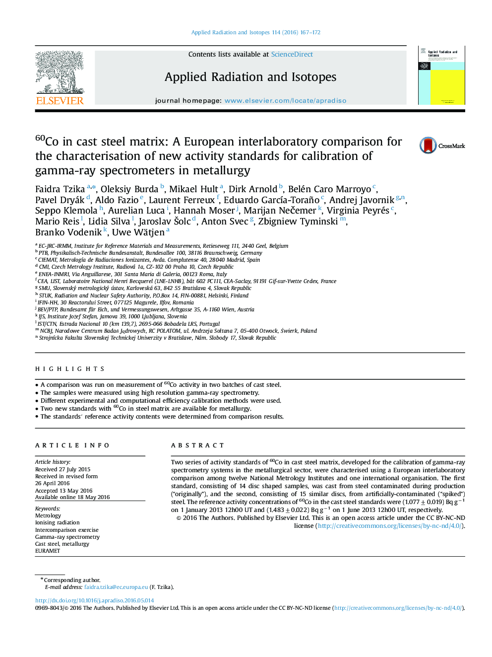 60Co in cast steel matrix: A European interlaboratory comparison for the characterisation of new activity standards for calibration of gamma-ray spectrometers in metallurgy