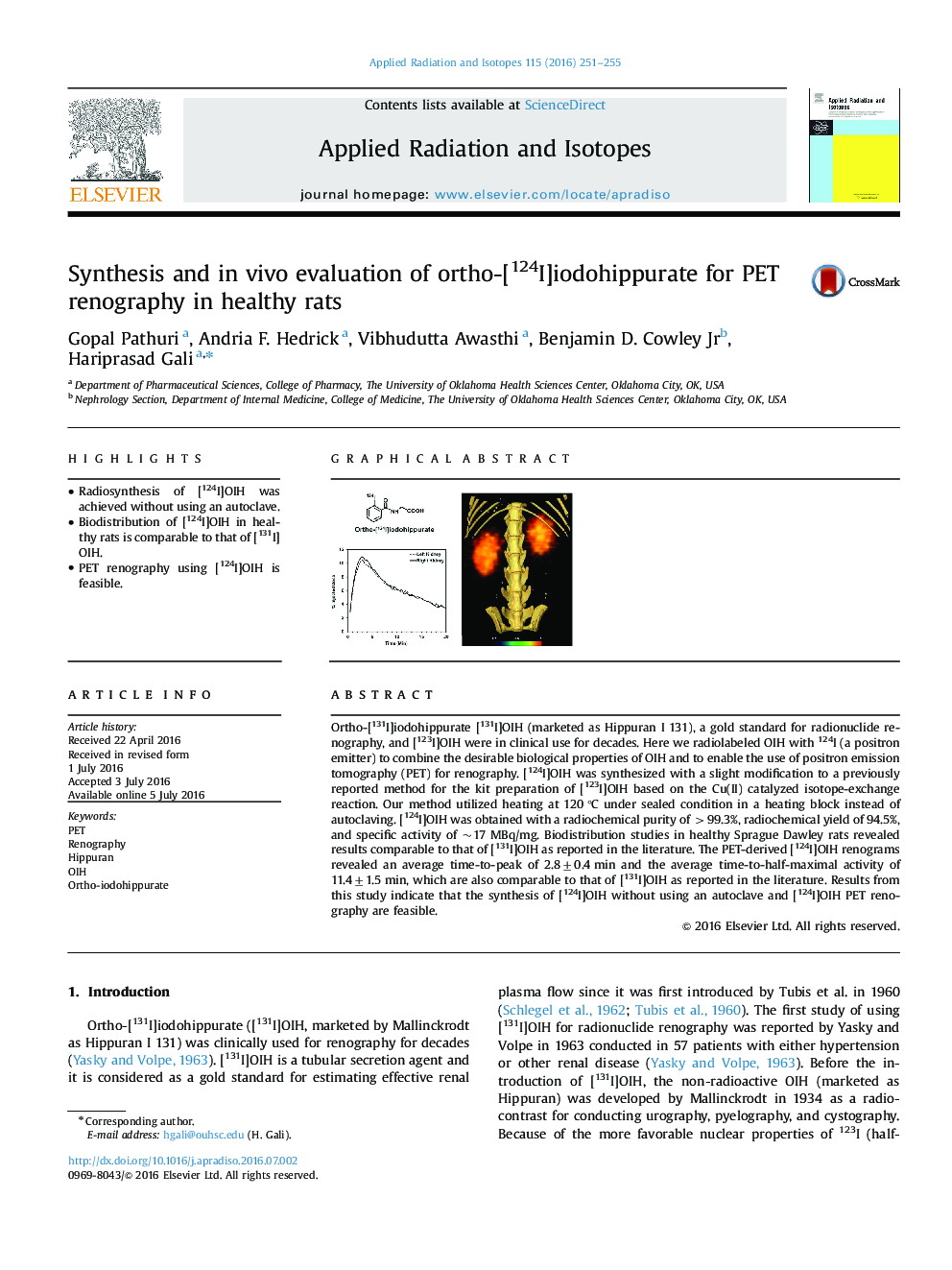 Synthesis and in vivo evaluation of ortho-[124I]iodohippurate for PET renography in healthy rats