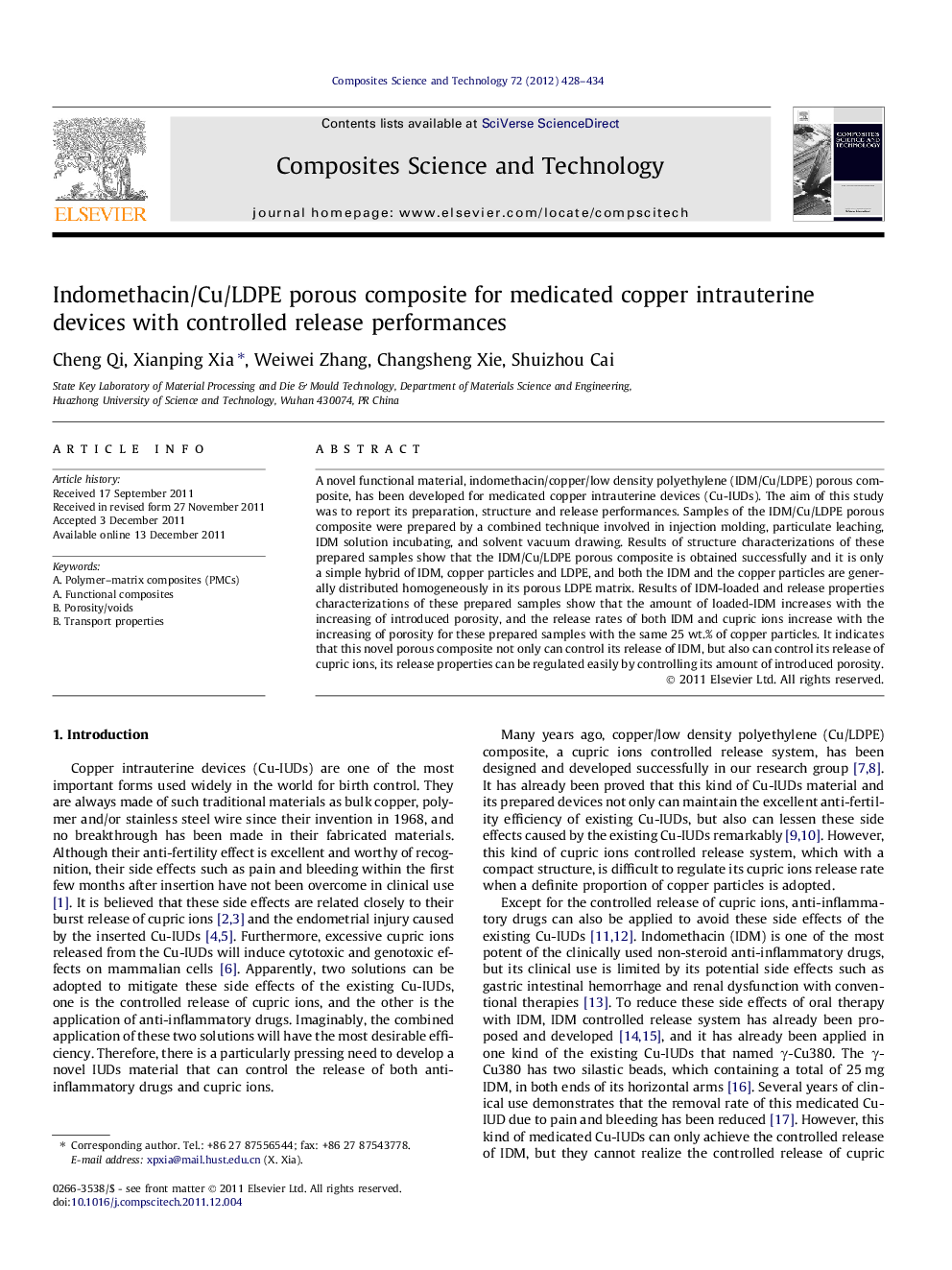 Indomethacin/Cu/LDPE porous composite for medicated copper intrauterine devices with controlled release performances