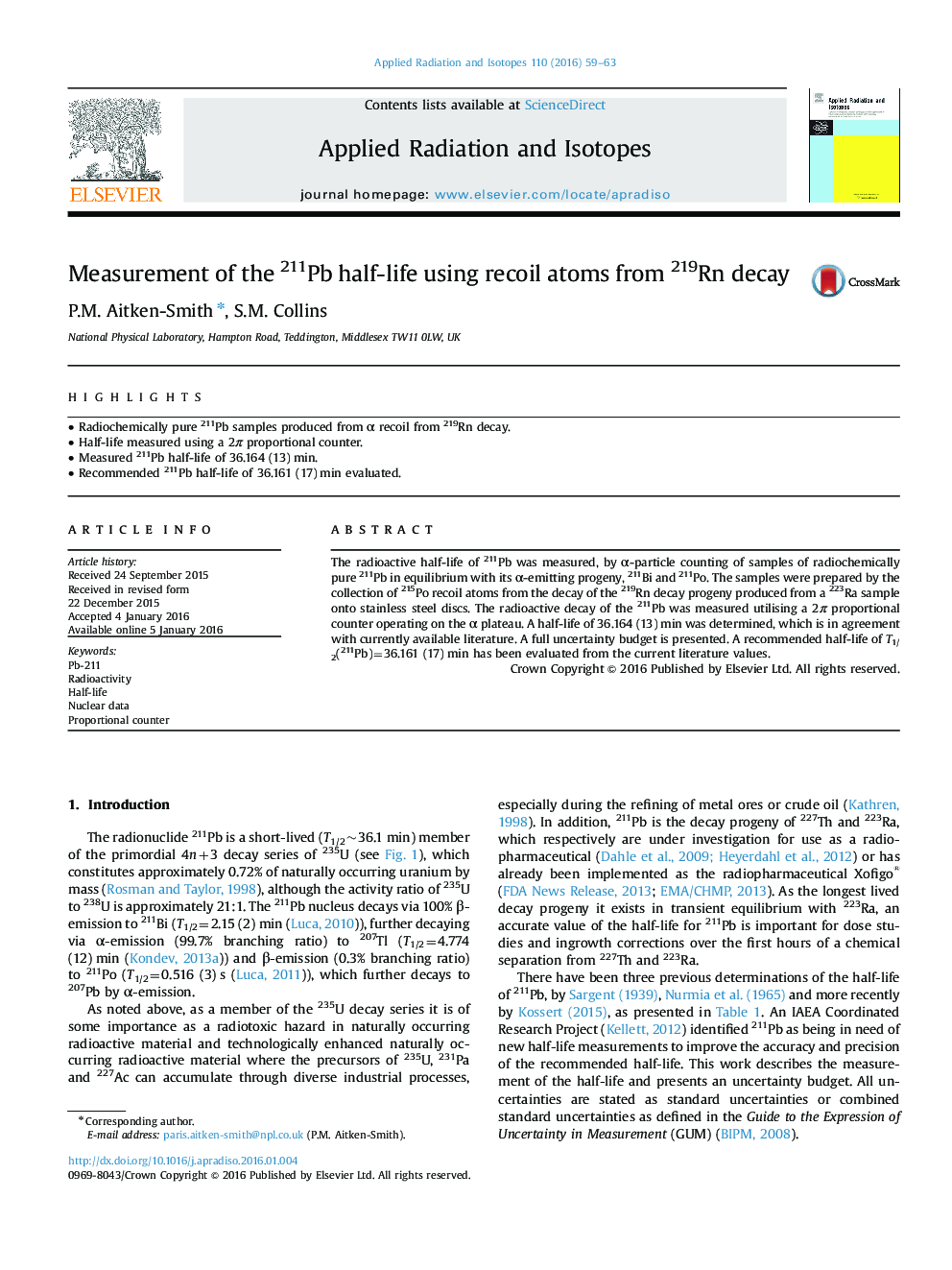 Measurement of the 211Pb half-life using recoil atoms from 219Rn decay