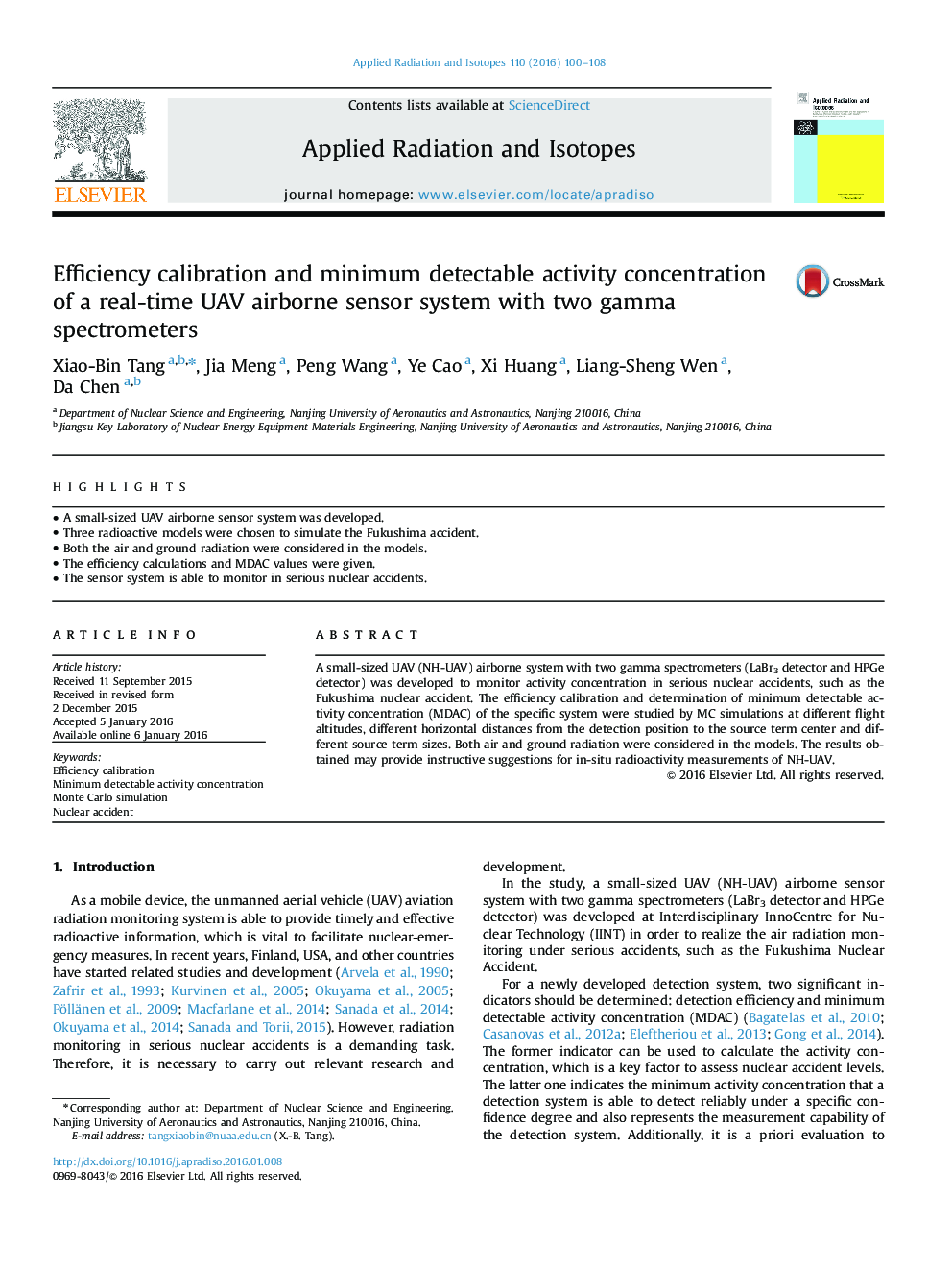 Efficiency calibration and minimum detectable activity concentration of a real-time UAV airborne sensor system with two gamma spectrometers