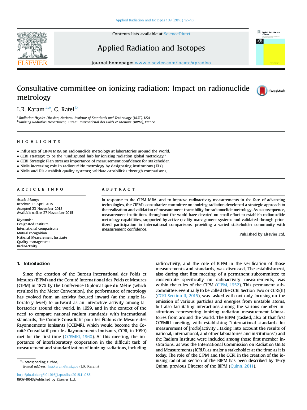 Consultative committee on ionizing radiation: Impact on radionuclide metrology