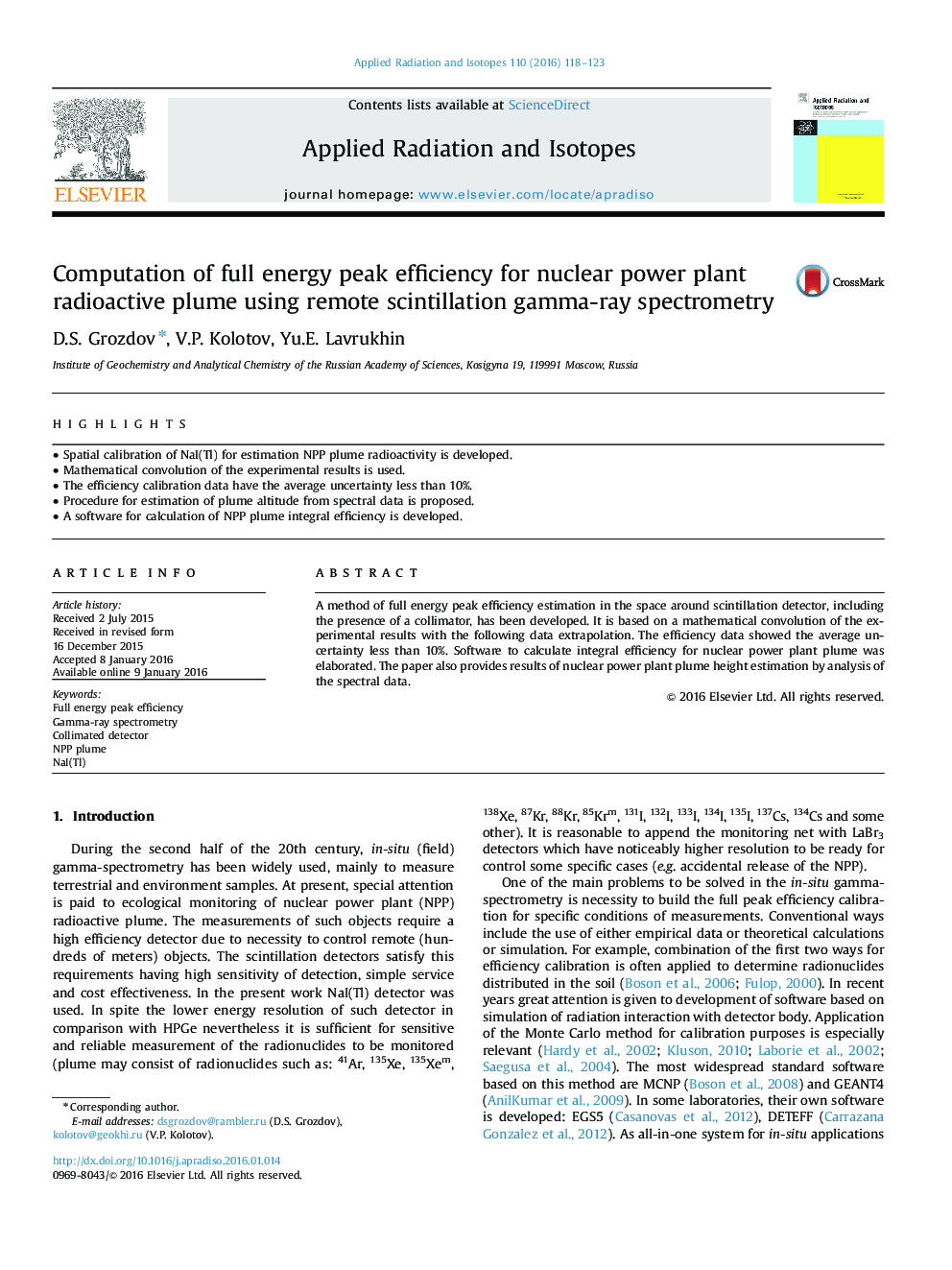 Computation of full energy peak efficiency for nuclear power plant radioactive plume using remote scintillation gamma-ray spectrometry