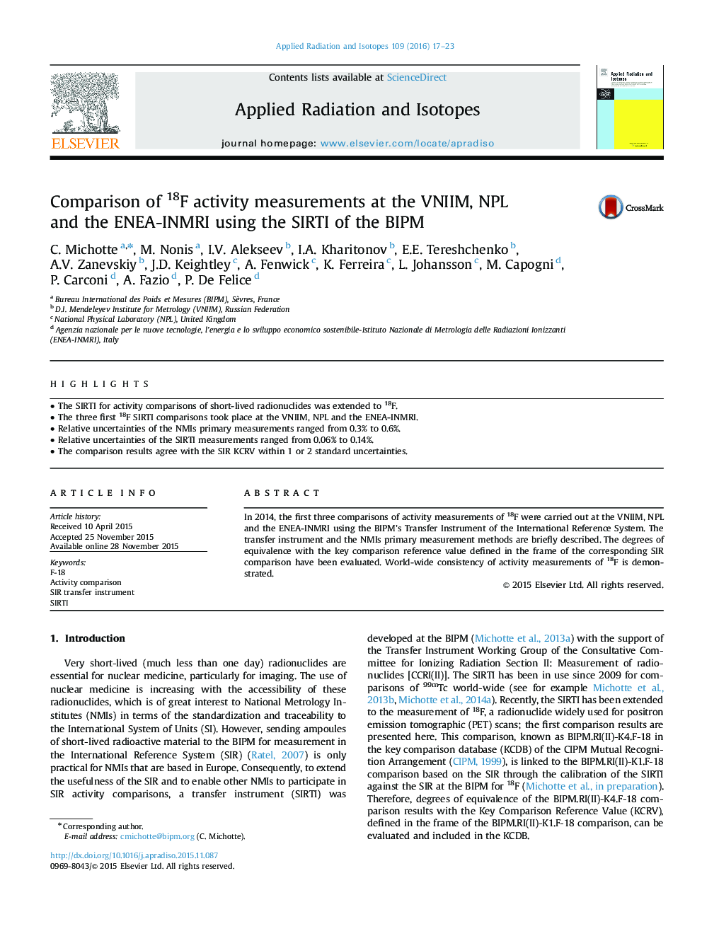 Comparison of 18F activity measurements at the VNIIM, NPL and the ENEA-INMRI using the SIRTI of the BIPM