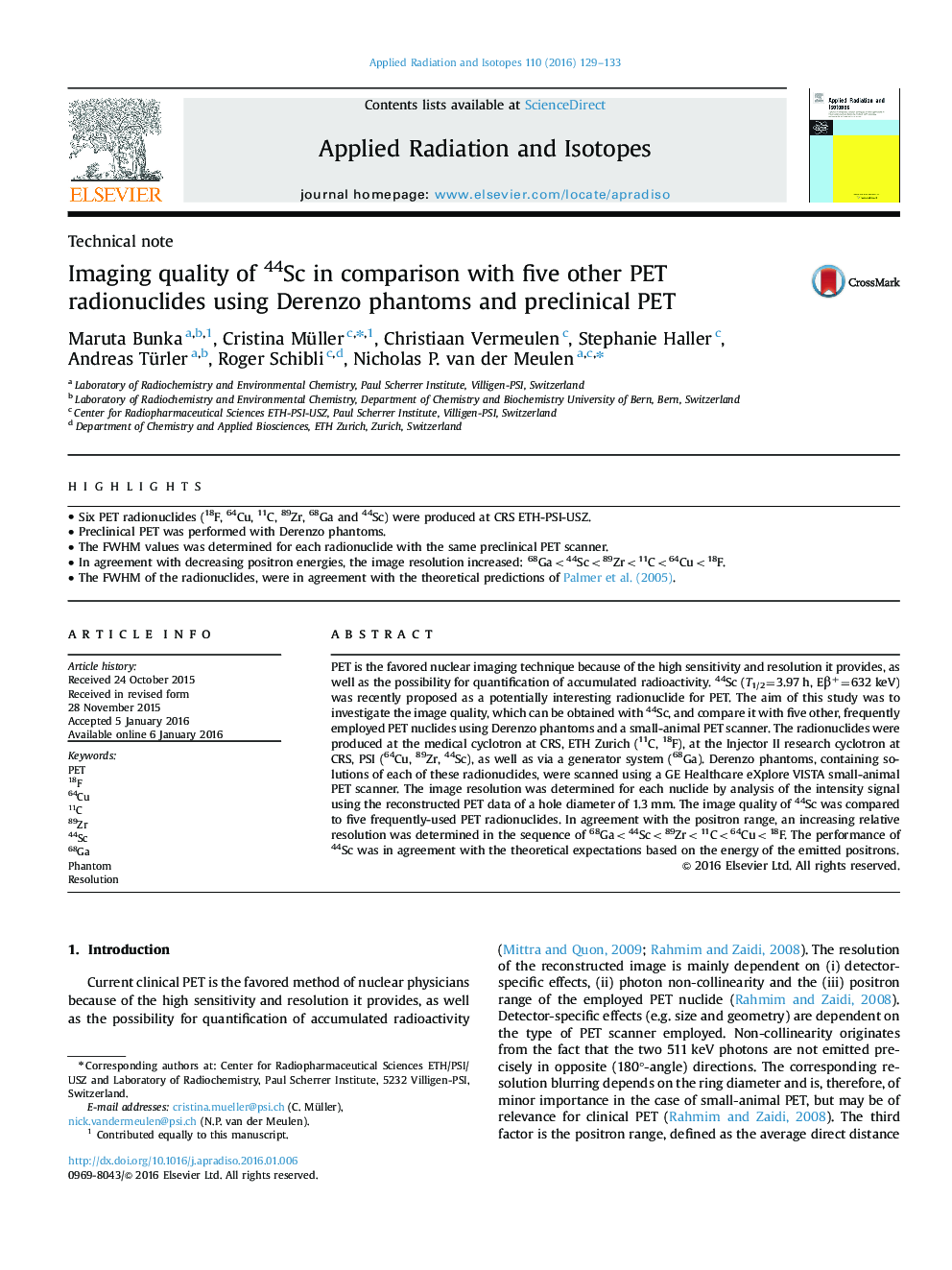 Imaging quality of 44Sc in comparison with five other PET radionuclides using Derenzo phantoms and preclinical PET