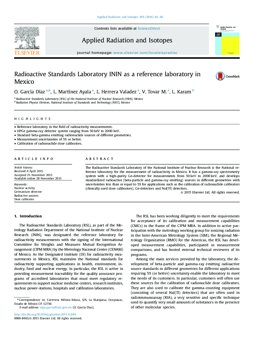 Radioactive Standards Laboratory ININ as a reference laboratory in Mexico