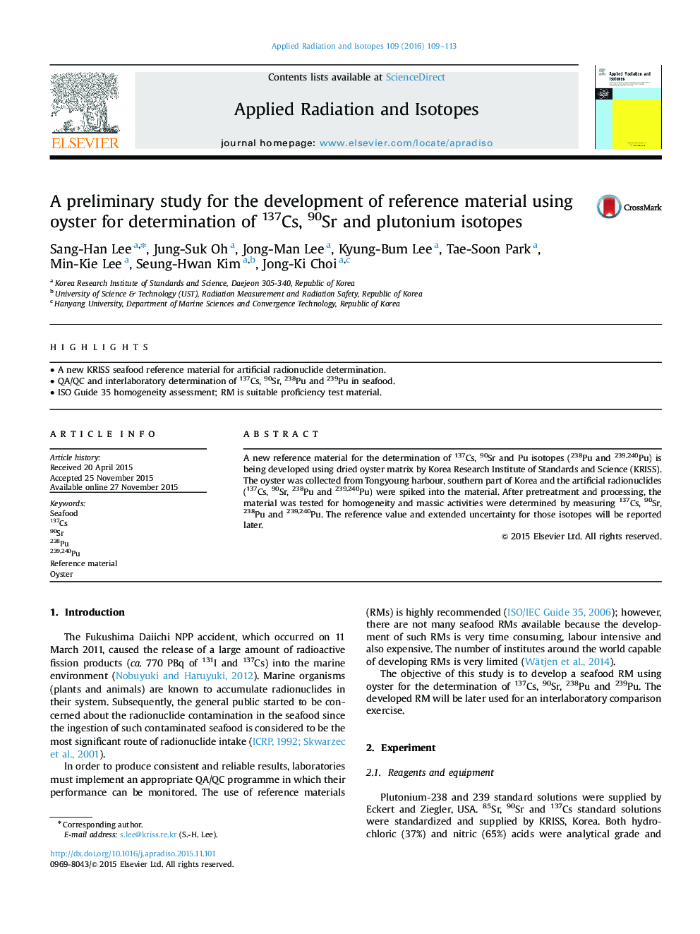 A preliminary study for the development of reference material using oyster for determination of 137Cs, 90Sr and plutonium isotopes