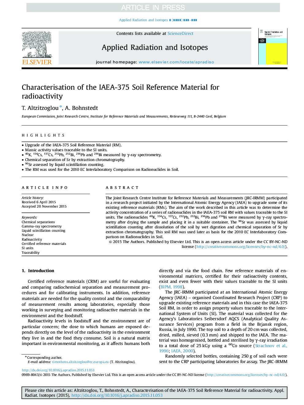 Characterisation of the IAEA-375 Soil Reference Material for radioactivity