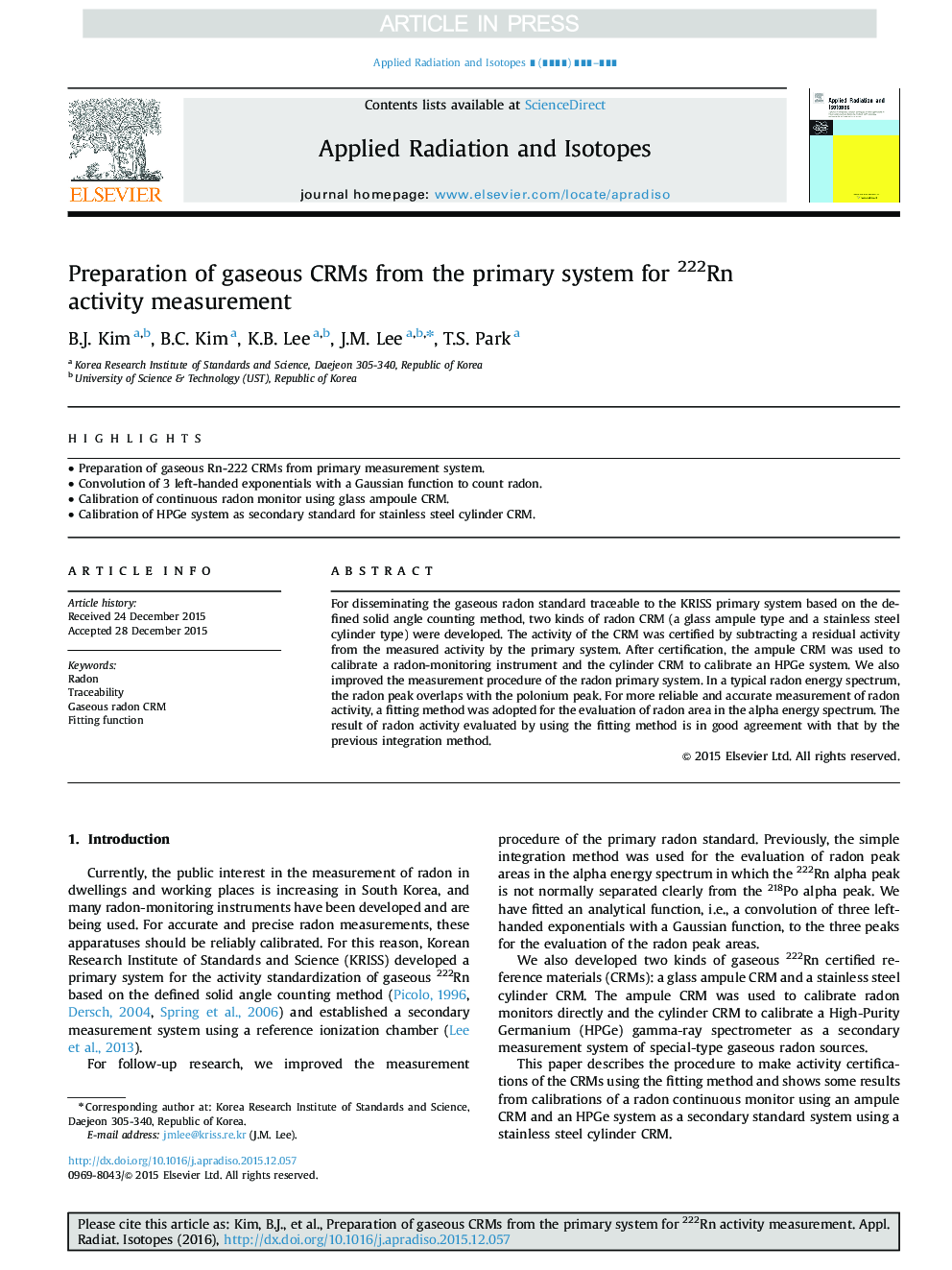 Preparation of gaseous CRMs from the primary system for 222Rn activity measurement