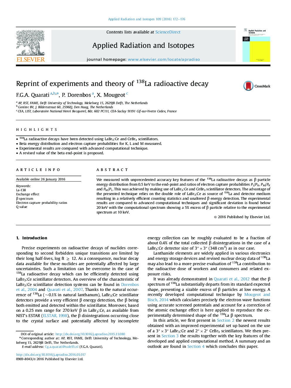 Reprint of experiments and theory of 138La radioactive decay