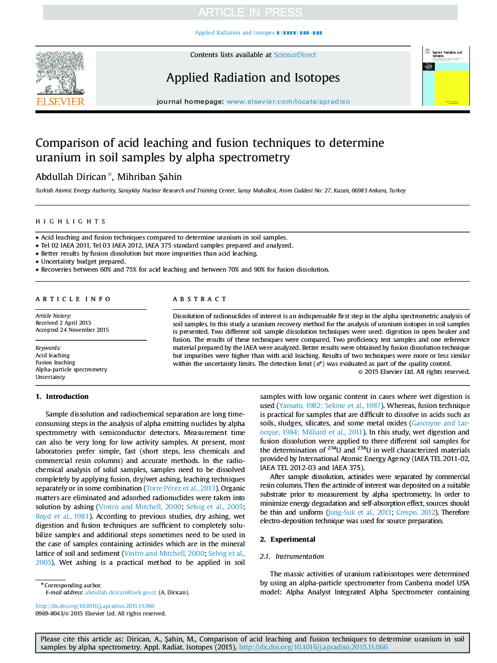 Comparison of acid leaching and fusion techniques to determine uranium in soil samples by alpha spectrometry