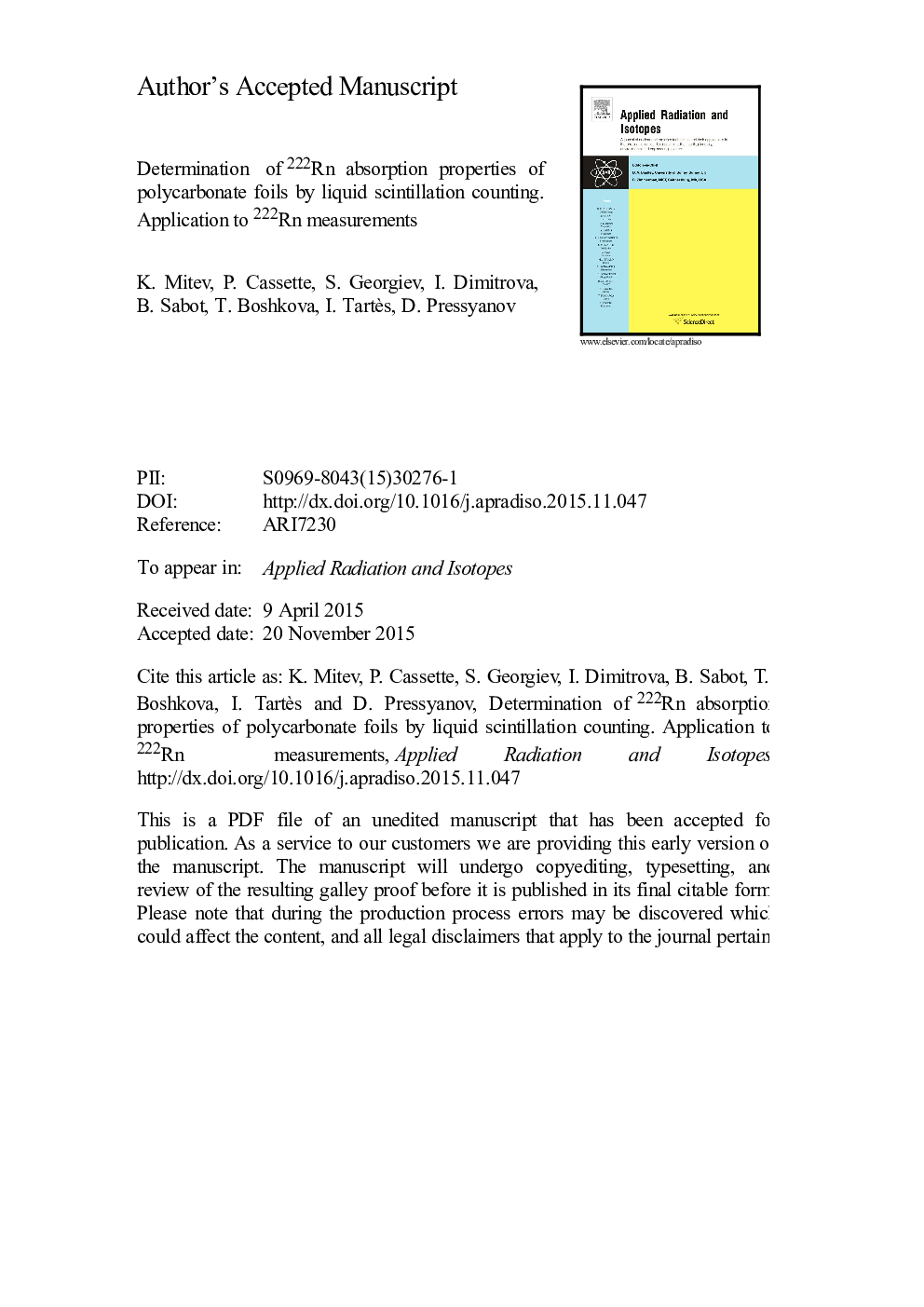 Determination of 222Rn absorption properties of polycarbonate foils by liquid scintillation counting. Application to 222Rn measurements