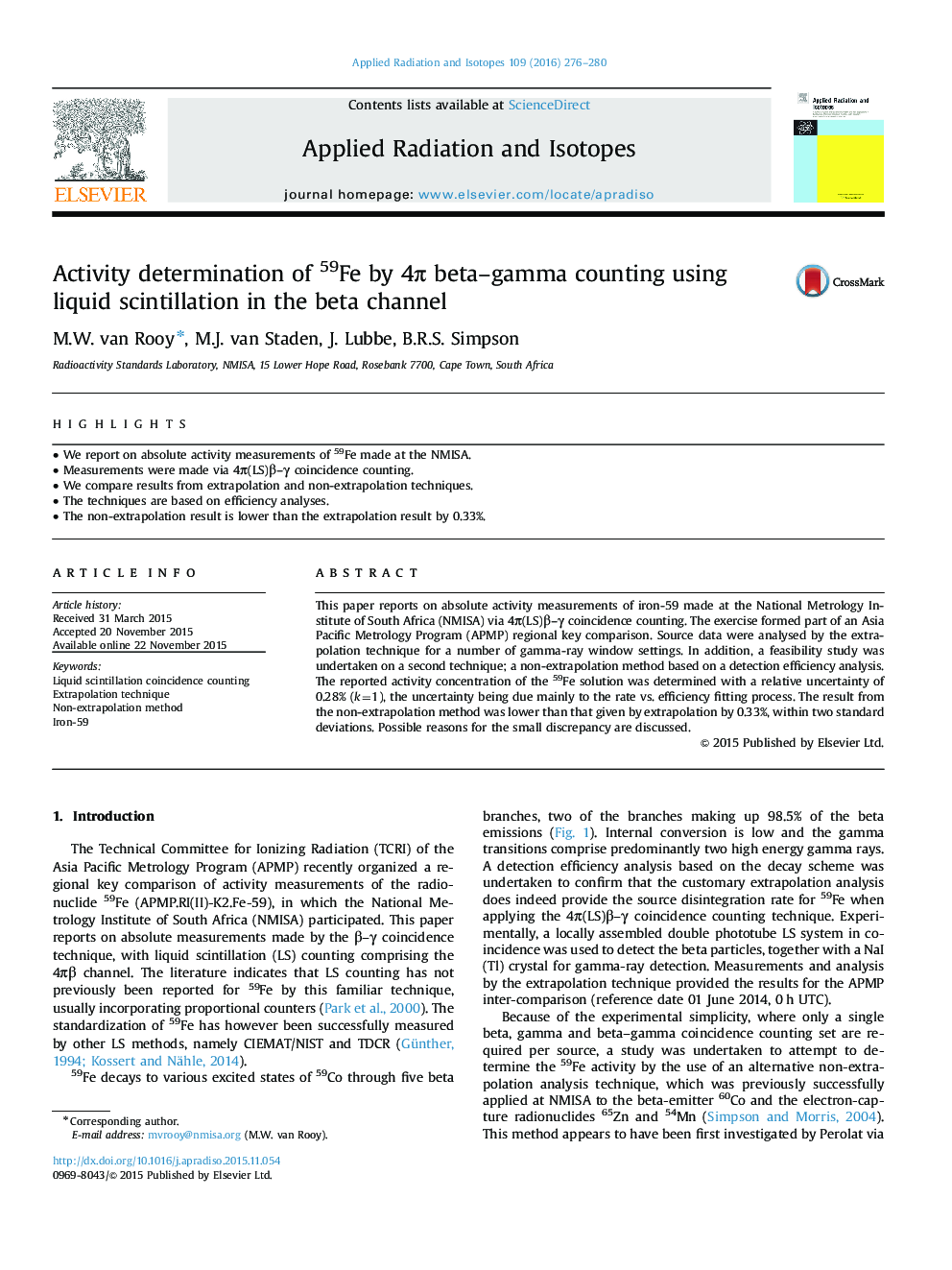 Activity determination of 59Fe by 4Ï beta-gamma counting using liquid scintillation in the beta channel