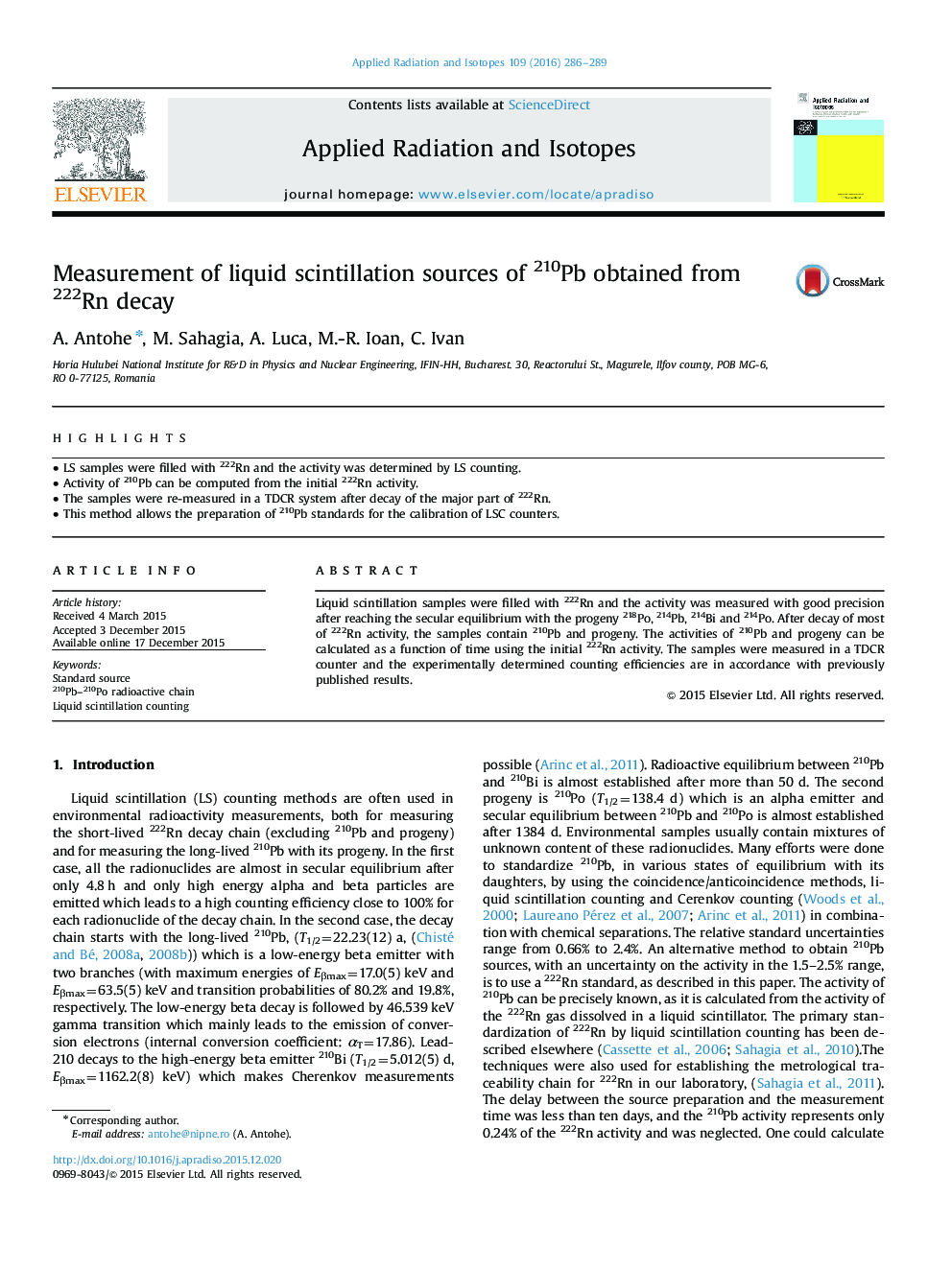 عکس صفحه اول مقاله: Measurement of liquid scintillation sources of 210Pb obtained from 222Rn decay Measurement of liquid scintillation sources of 210Pb obtained from 222Rn decay