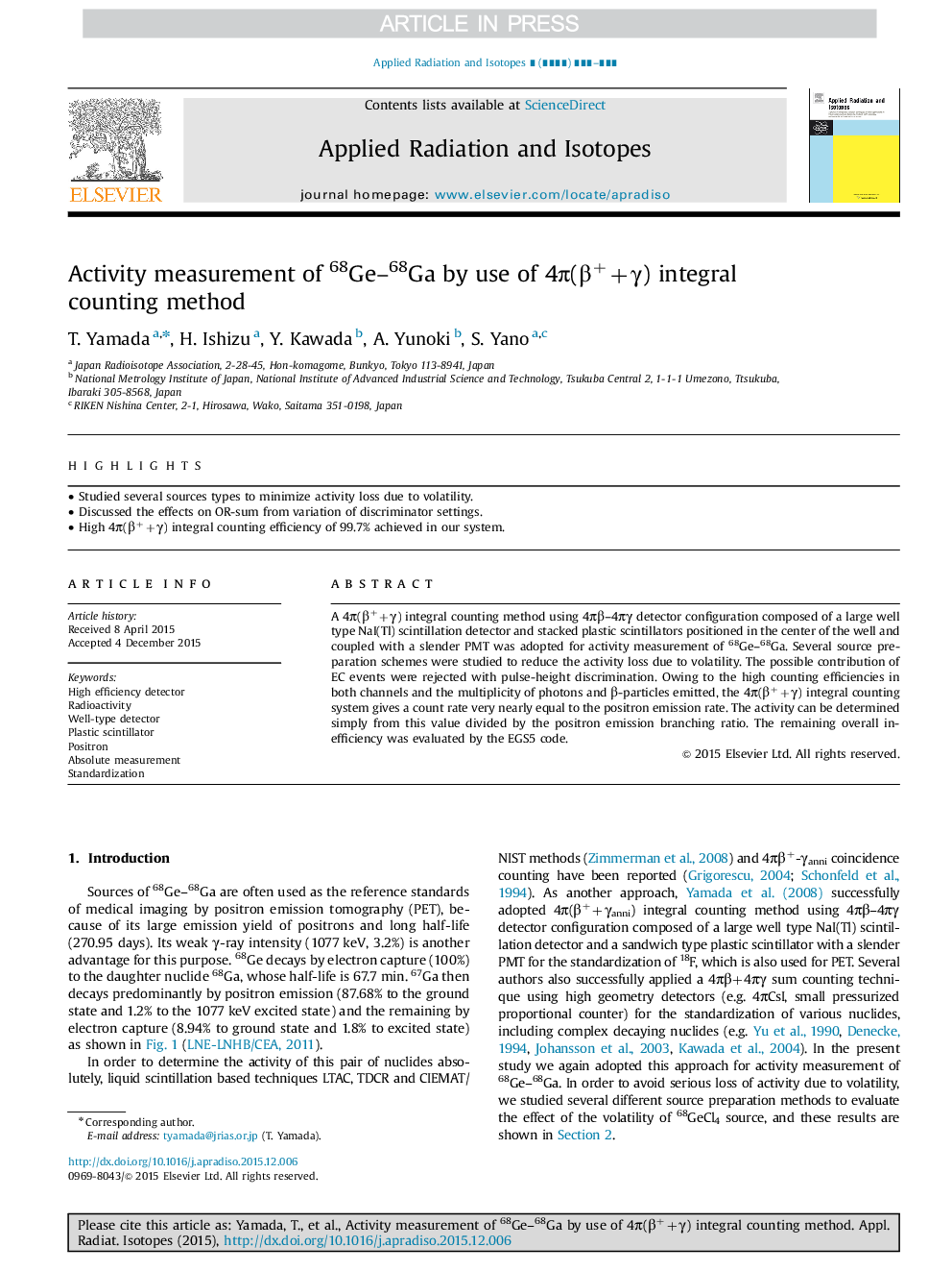 عکس صفحه اول مقاله: Activity measurement of 68Ge-68Ga by use of 4Ï(β++γ) integral counting method Activity measurement of 68Ge-68Ga by use of 4Ï(β++γ) integral counting method