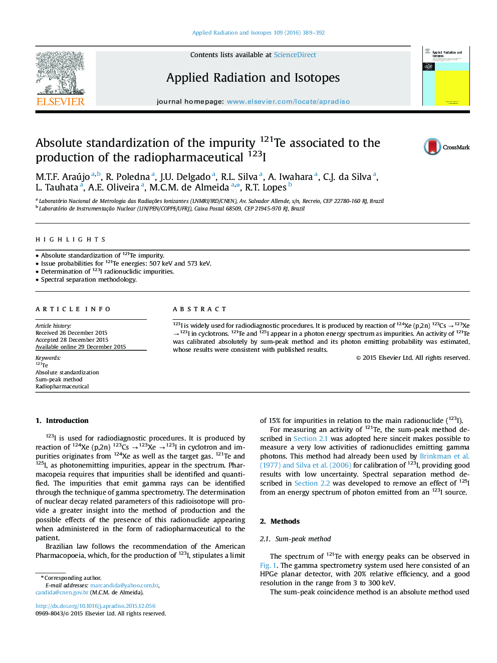 Absolute standardization of the impurity 121Te associated to the production of the radiopharmaceutical 123I