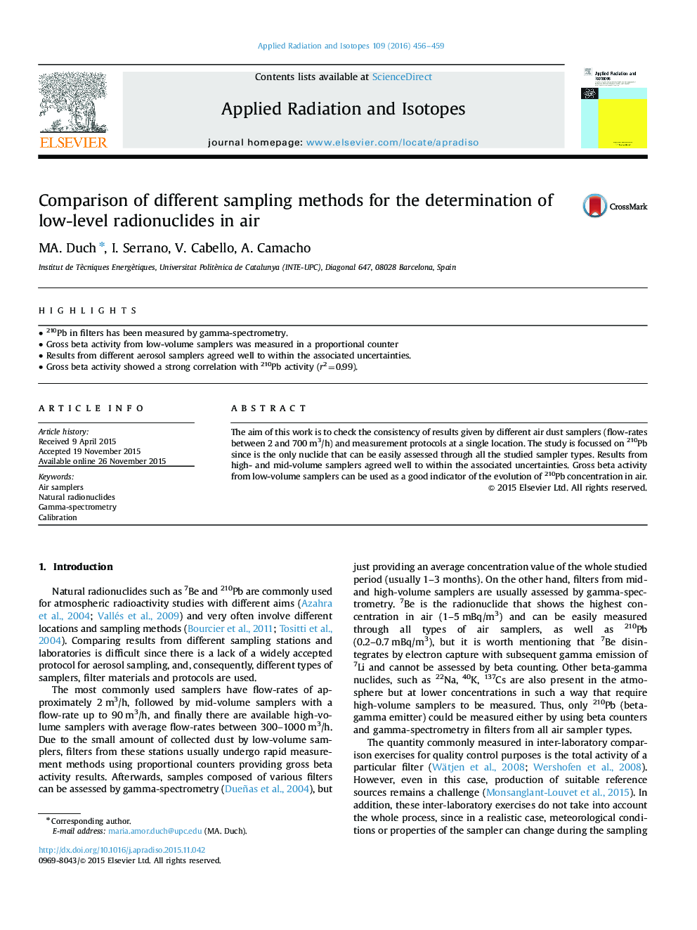 Comparison of different sampling methods for the determination of low-level radionuclides in air