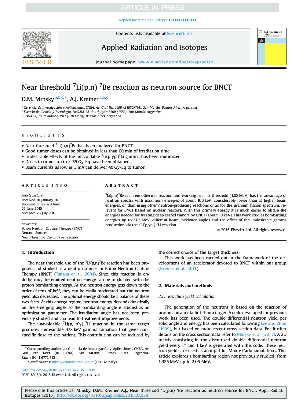 Near threshold 7Li(p,n) 7Be reaction as neutron source for BNCT