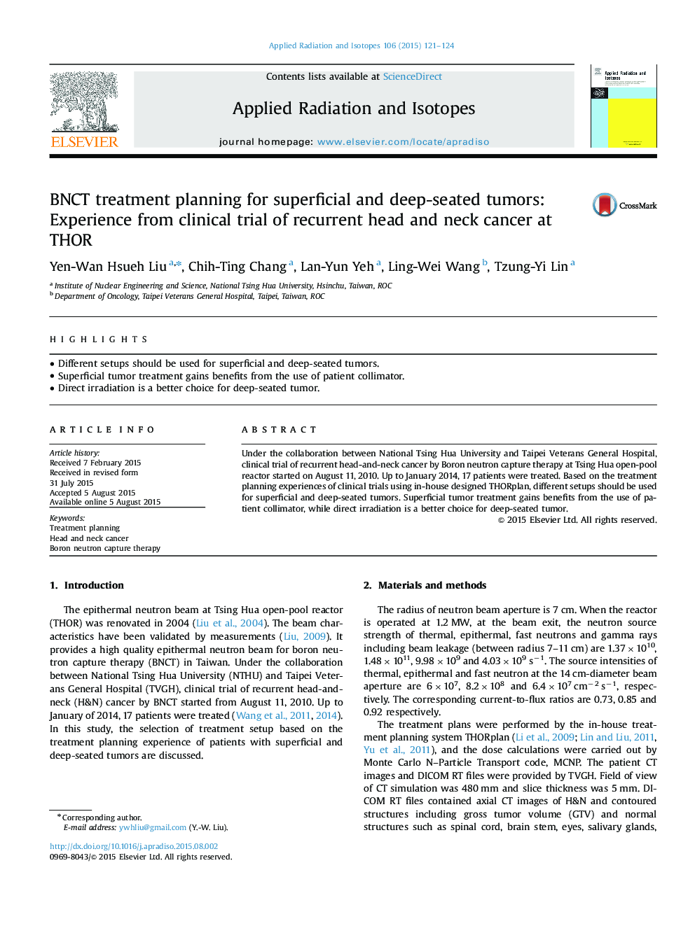 BNCT treatment planning for superficial and deep-seated tumors: Experience from clinical trial of recurrent head and neck cancer at THOR