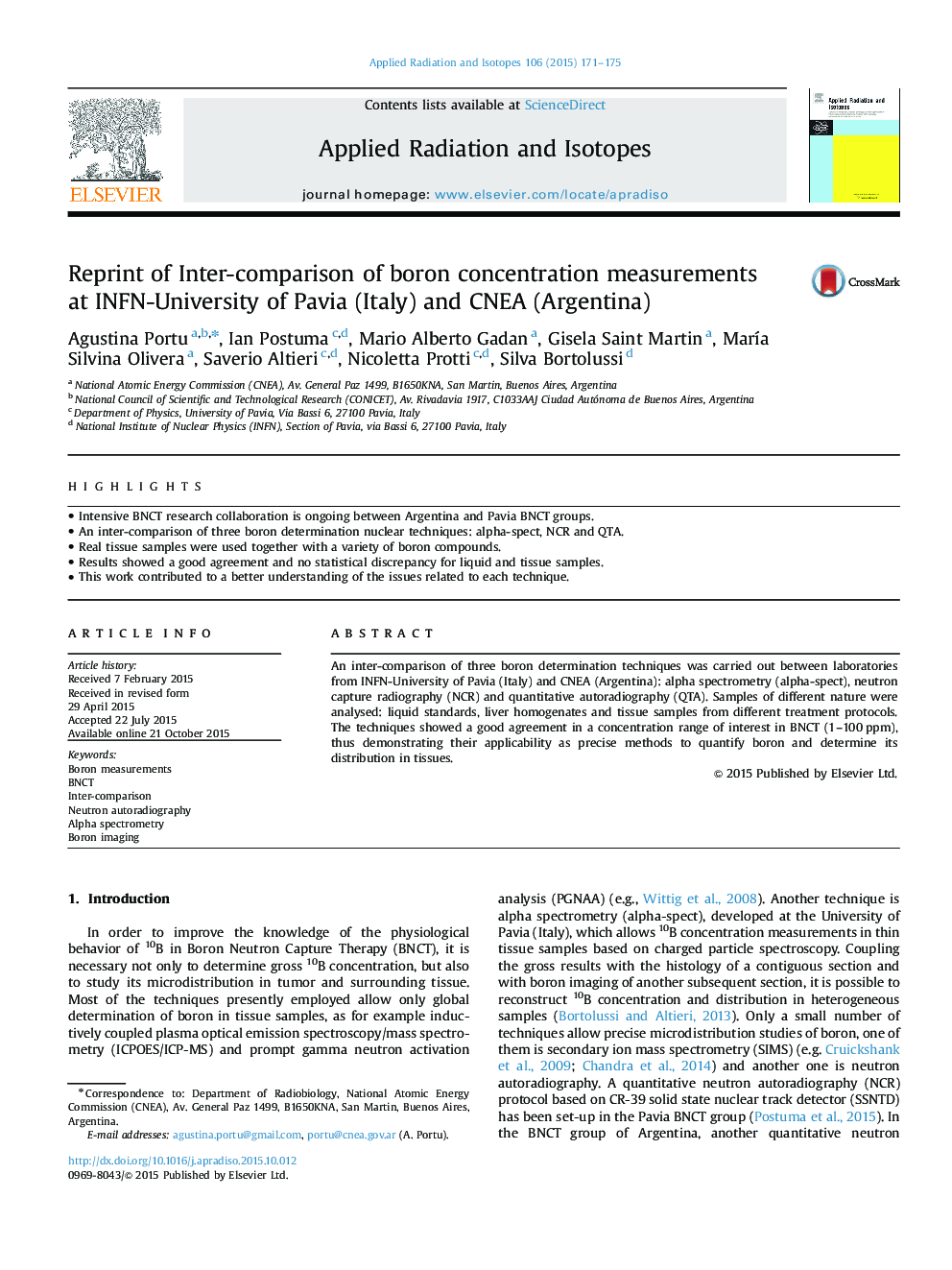 Reprint of Inter-comparison of boron concentration measurements at INFN-University of Pavia (Italy) and CNEA (Argentina)