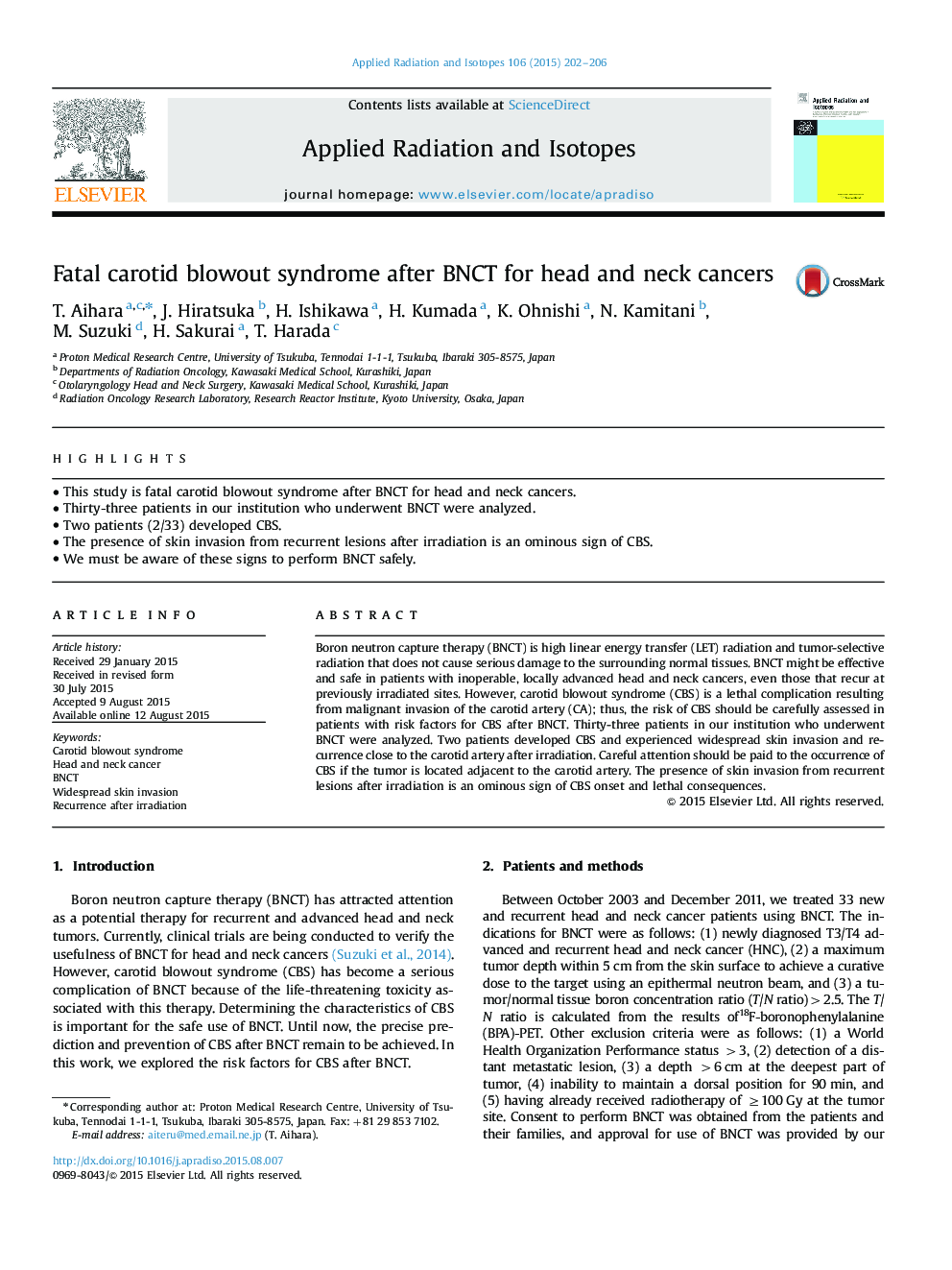 Fatal carotid blowout syndrome after BNCT for head and neck cancers