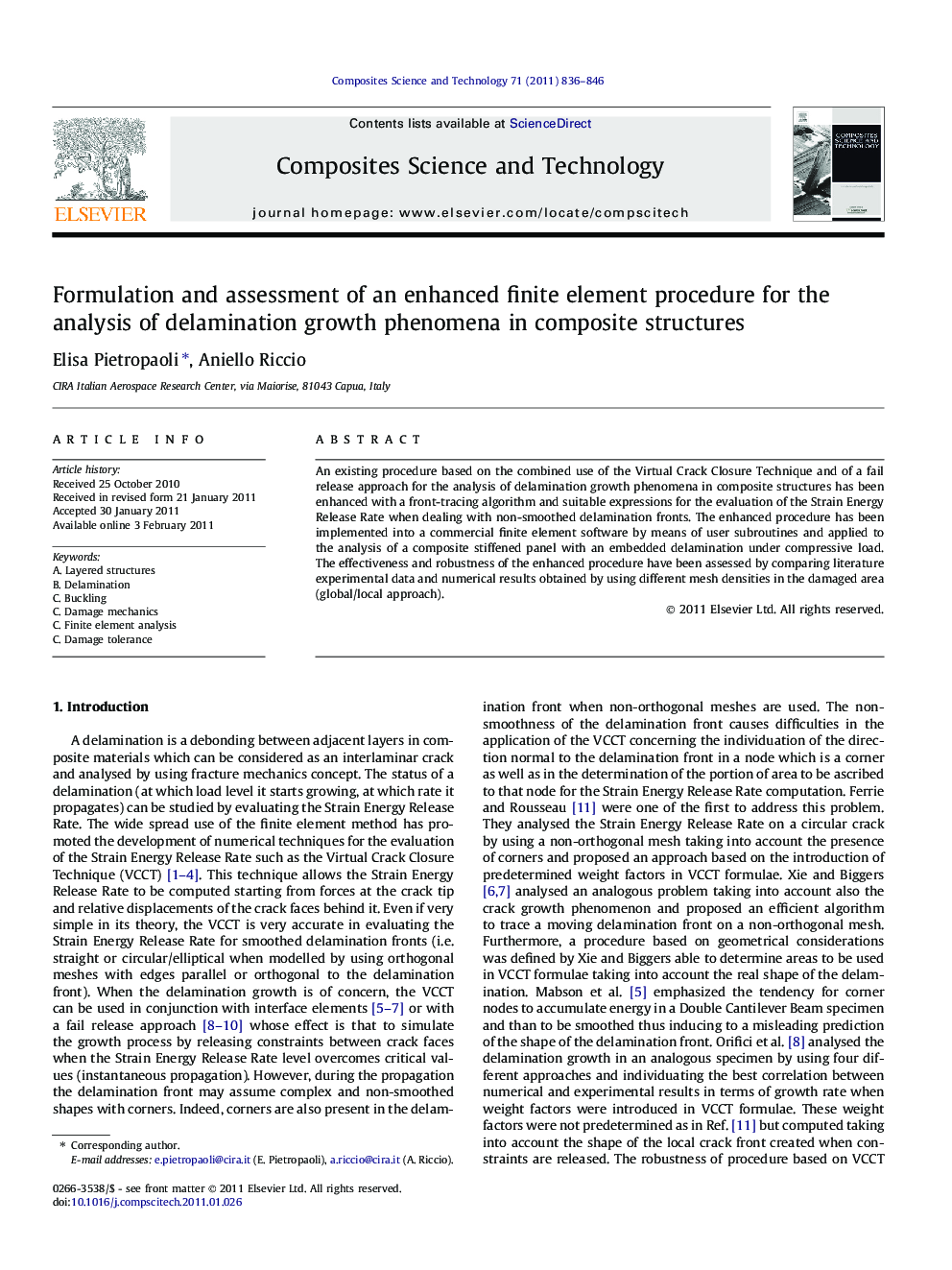 Formulation and assessment of an enhanced finite element procedure for the analysis of delamination growth phenomena in composite structures