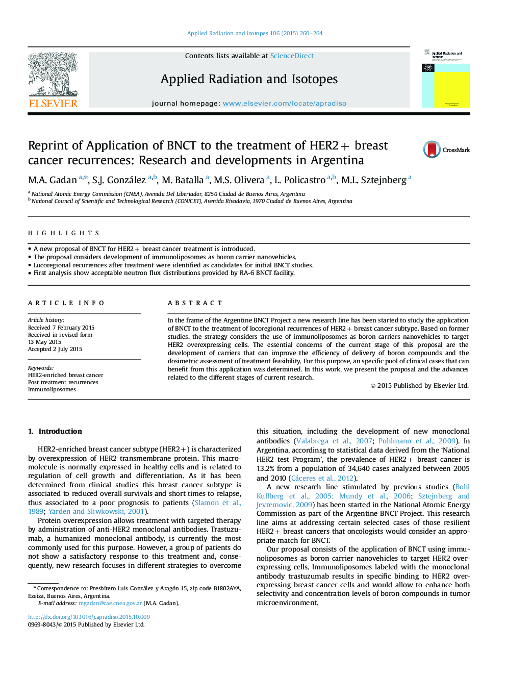 Reprint of Application of BNCT to the treatment of HER2+ breast cancer recurrences: Research and developments in Argentina