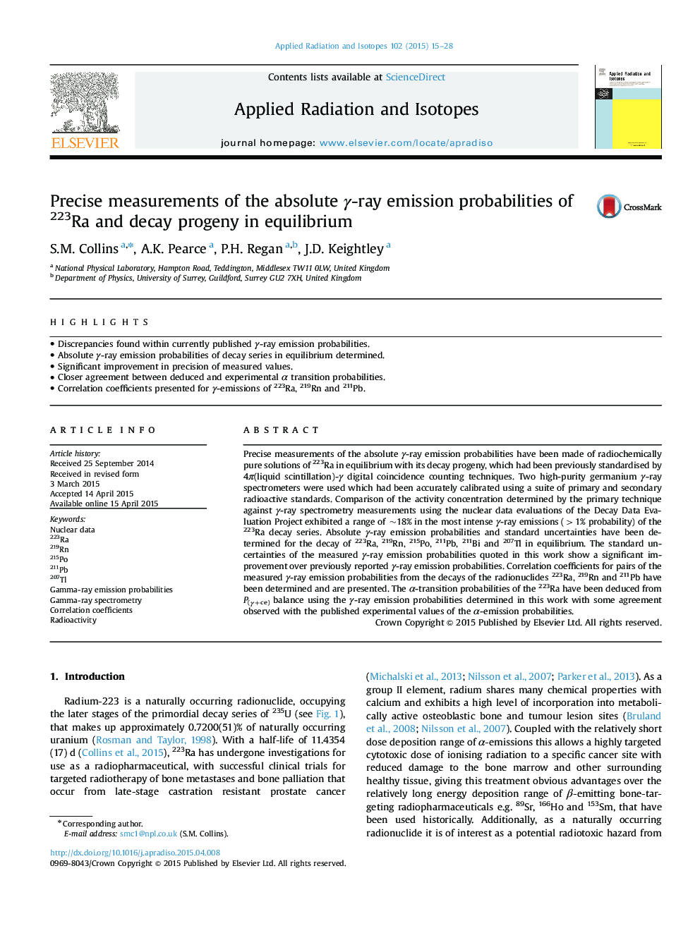 Precise measurements of the absolute Î³-ray emission probabilities of 223Ra and decay progeny in equilibrium