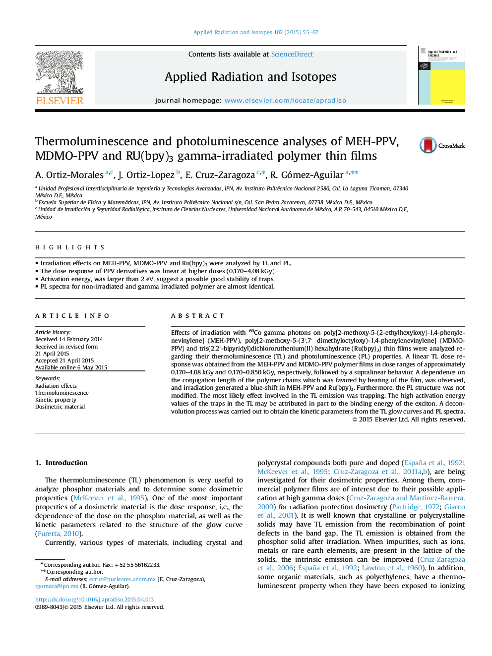 Thermoluminescence and photoluminescence analyses of MEH-PPV, MDMO-PPV and RU(bpy)3 gamma-irradiated polymer thin films