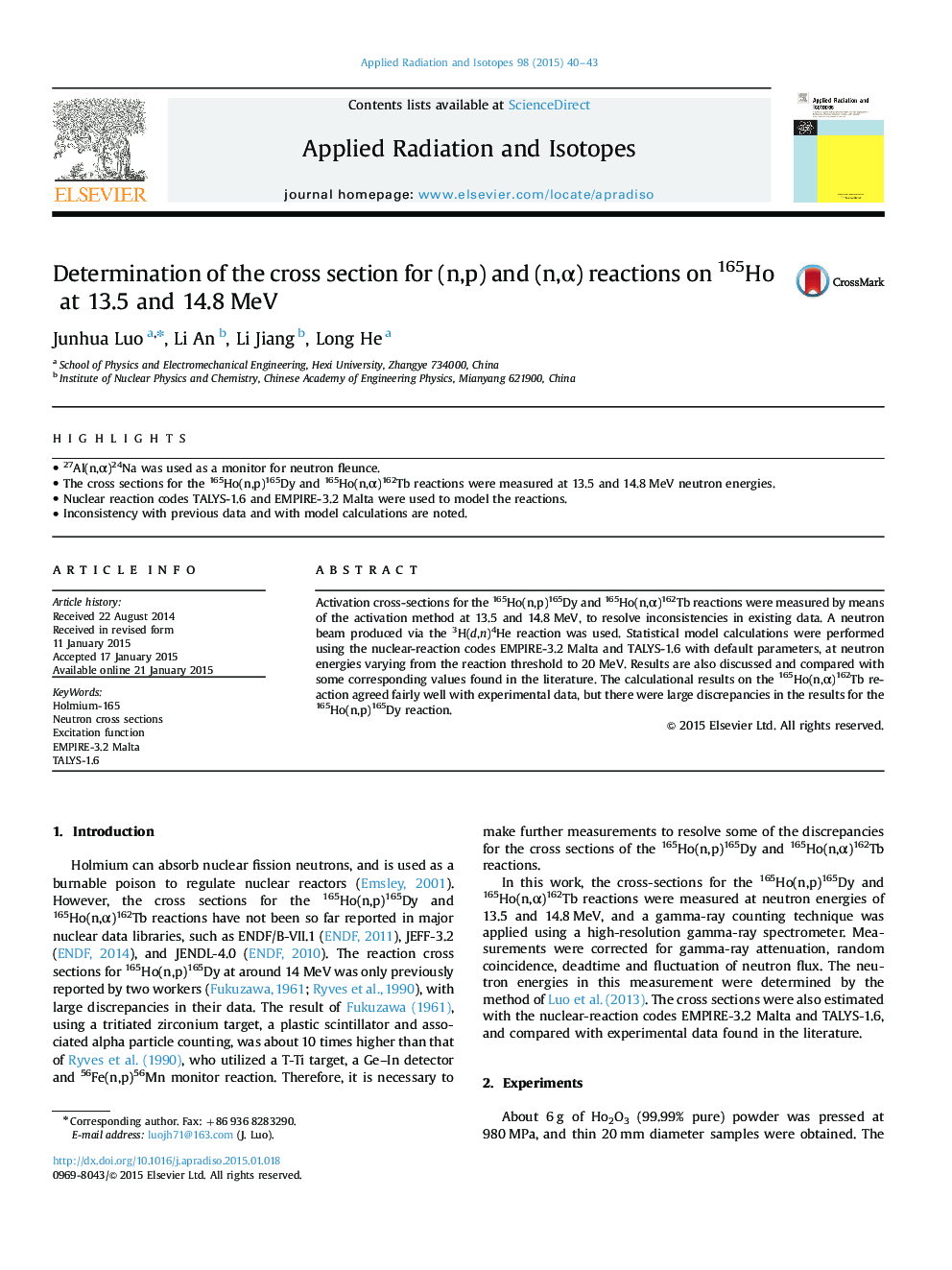 Determination of the cross section for (n,p) and (n,Î±) reactions on 165Ho at 13.5 and 14.8Â MeV