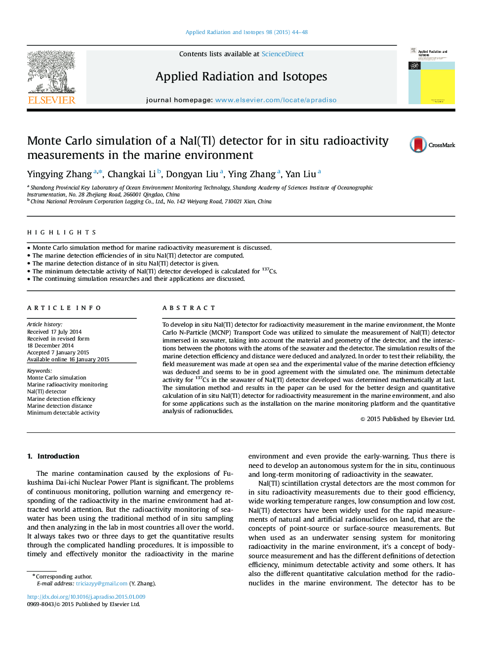 Monte Carlo simulation of a NaI(Tl) detector for in situ radioactivity measurements in the marine environment