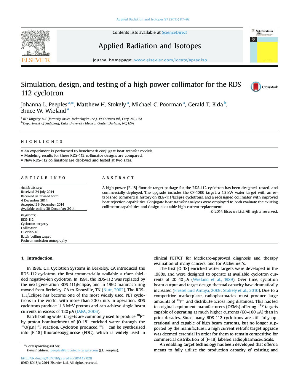 Simulation, design, and testing of a high power collimator for the RDS-112 cyclotron