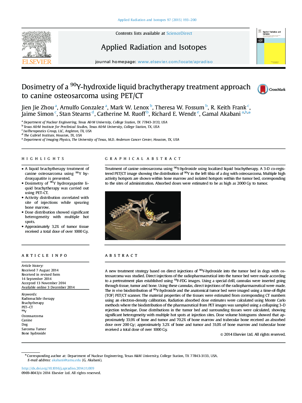 Dosimetry of a 90Y-hydroxide liquid brachytherapy treatment approach to canine osteosarcoma using PET/CT