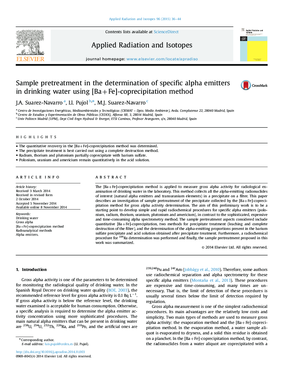 Sample pretreatment in the determination of specific alpha emitters in drinking water using [Ba+Fe]-coprecipitation method