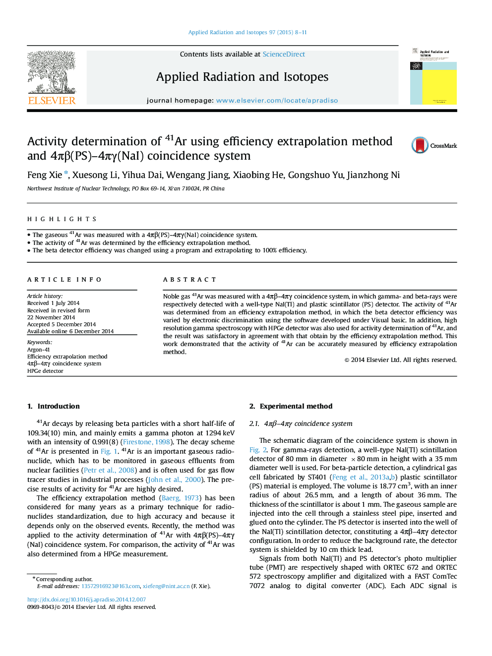Activity determination of 41Ar using efficiency extrapolation method and 4ÏÎ²(PS)-4ÏÎ³(NaI) coincidence system