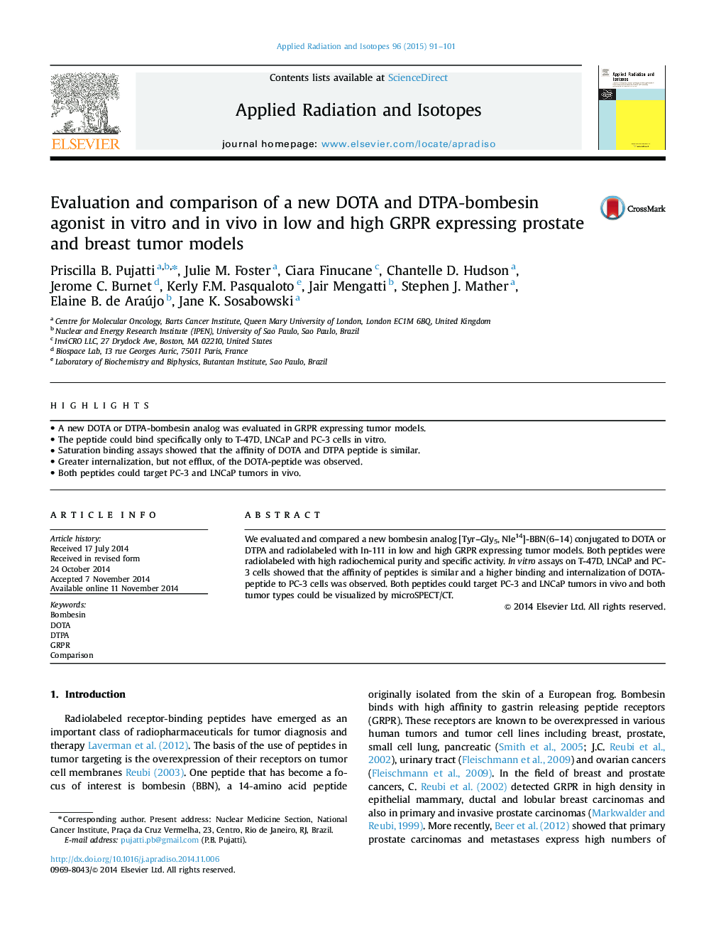 Evaluation and comparison of a new DOTA and DTPA-bombesin agonist in vitro and in vivo in low and high GRPR expressing prostate and breast tumor models