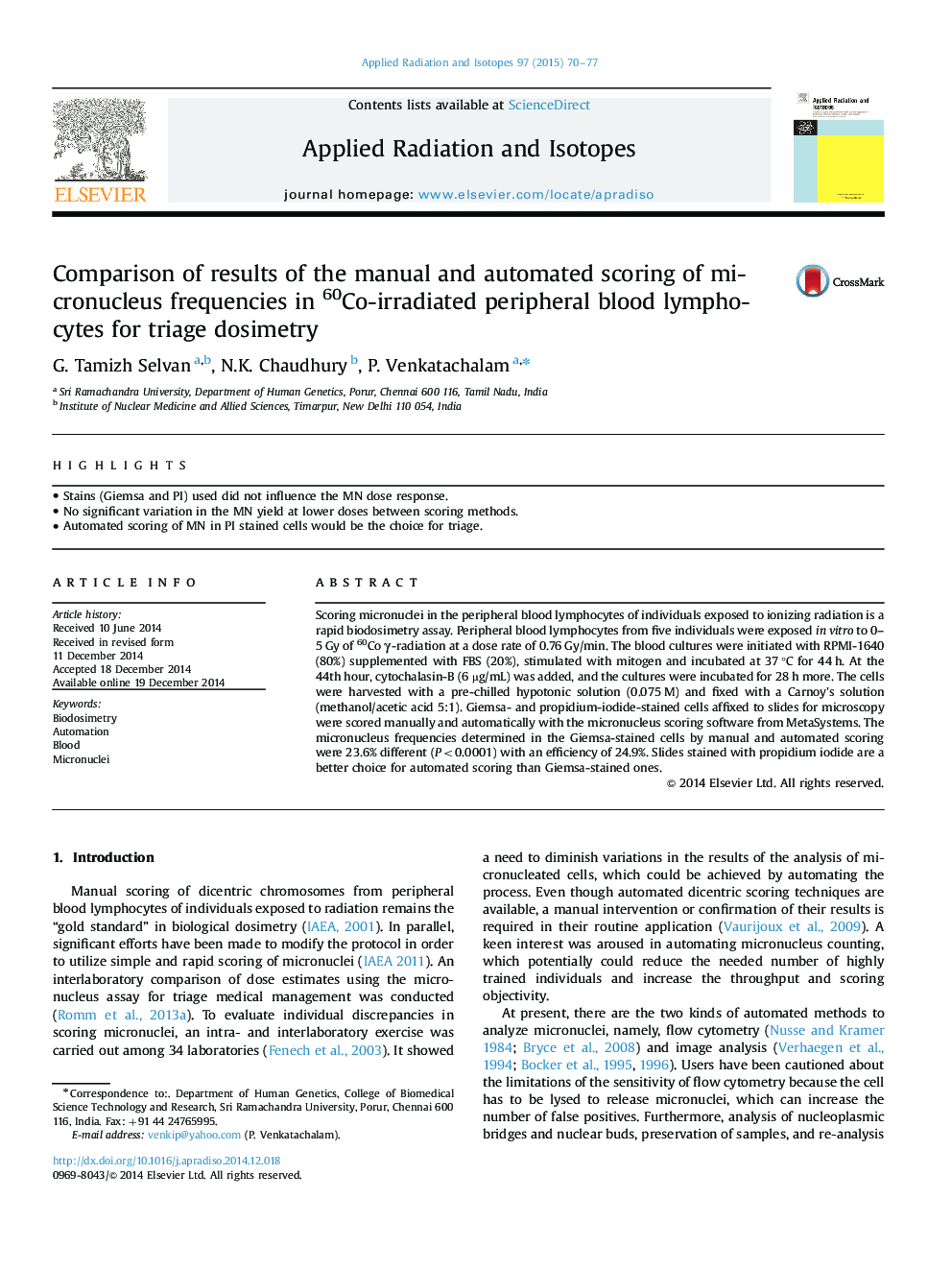 Comparison of results of the manual and automated scoring of micronucleus frequencies in 60Co-irradiated peripheral blood lymphocytes for triage dosimetry