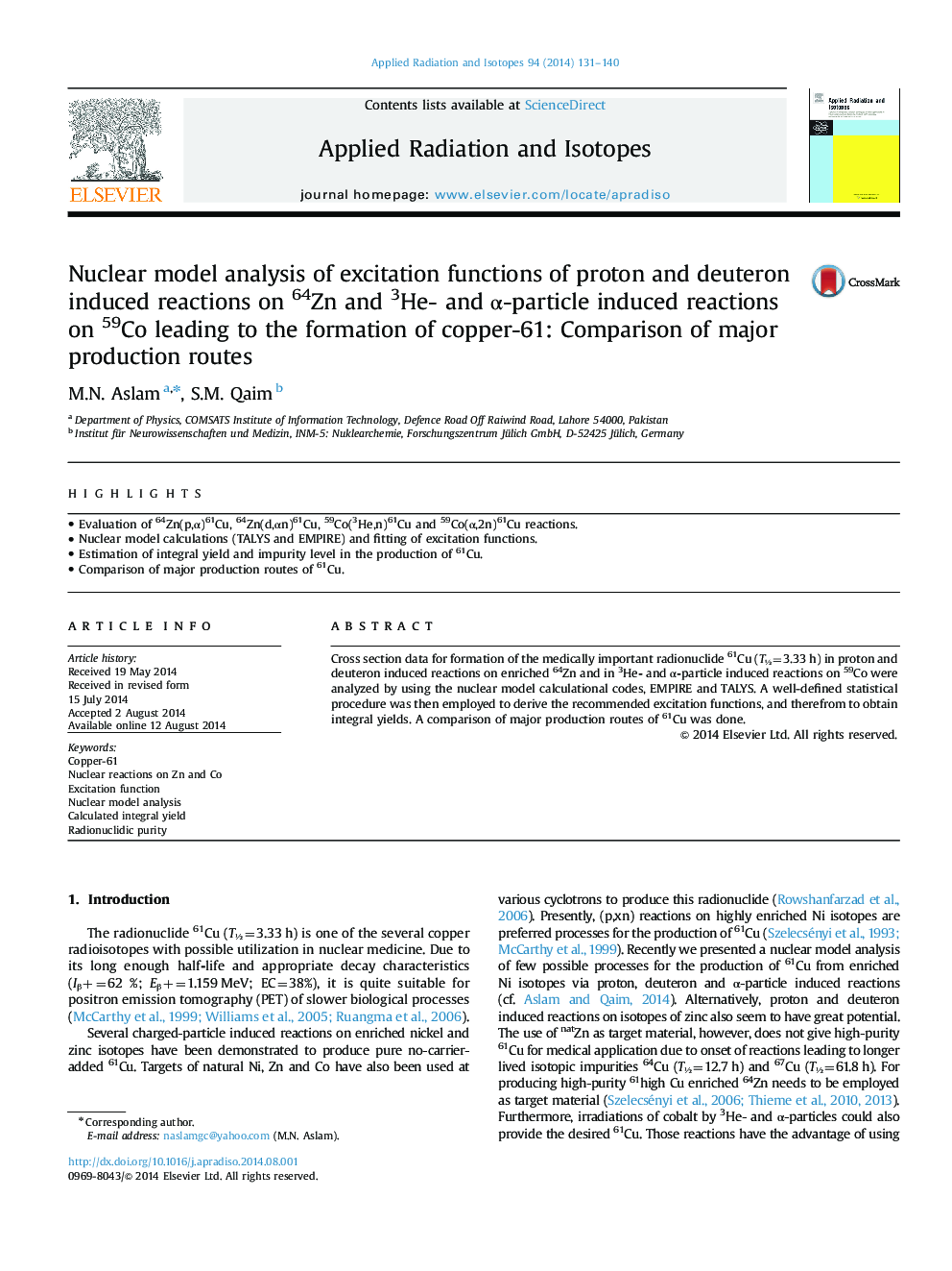 Nuclear model analysis of excitation functions of proton and deuteron induced reactions on 64Zn and 3He- and Î±-particle induced reactions on 59Co leading to the formation of copper-61: Comparison of major production routes