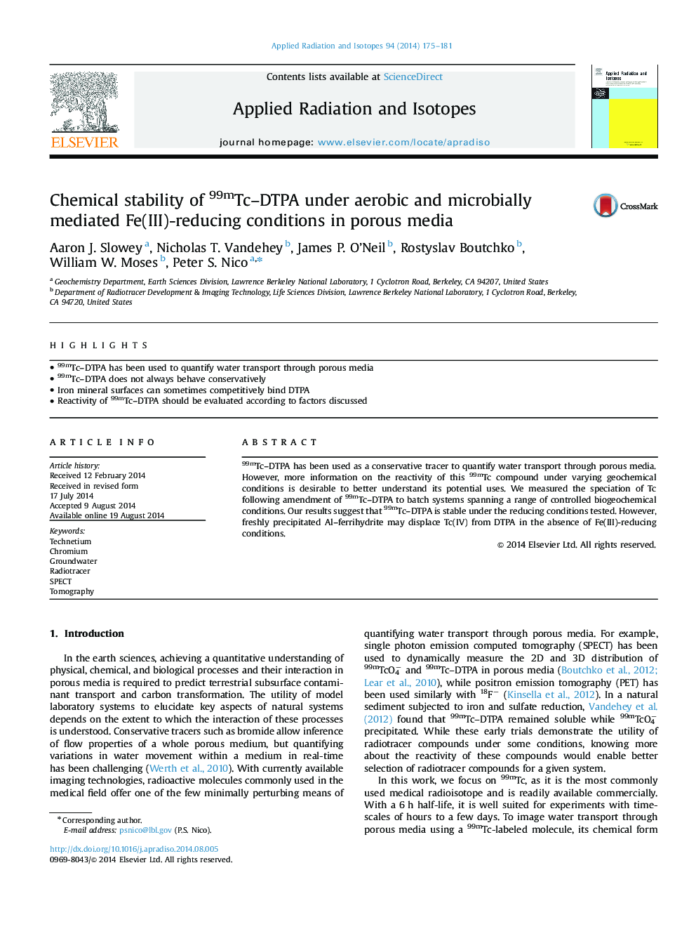 Chemical stability of 99mTc-DTPA under aerobic and microbially mediated Fe(III)-reducing conditions in porous media