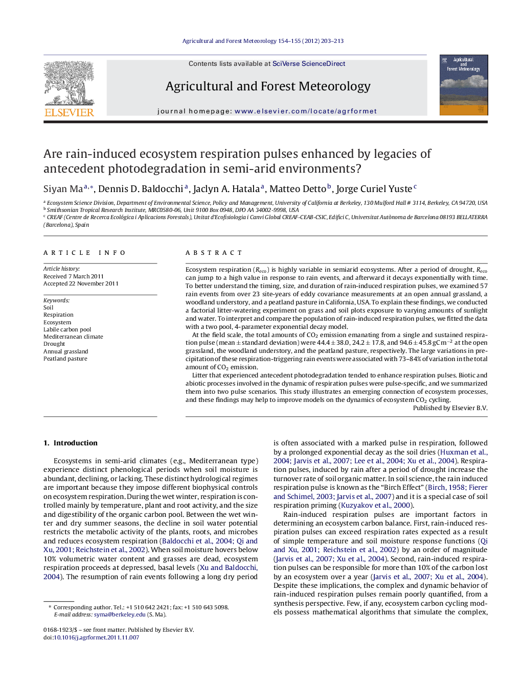 Are rain-induced ecosystem respiration pulses enhanced by legacies of antecedent photodegradation in semi-arid environments?