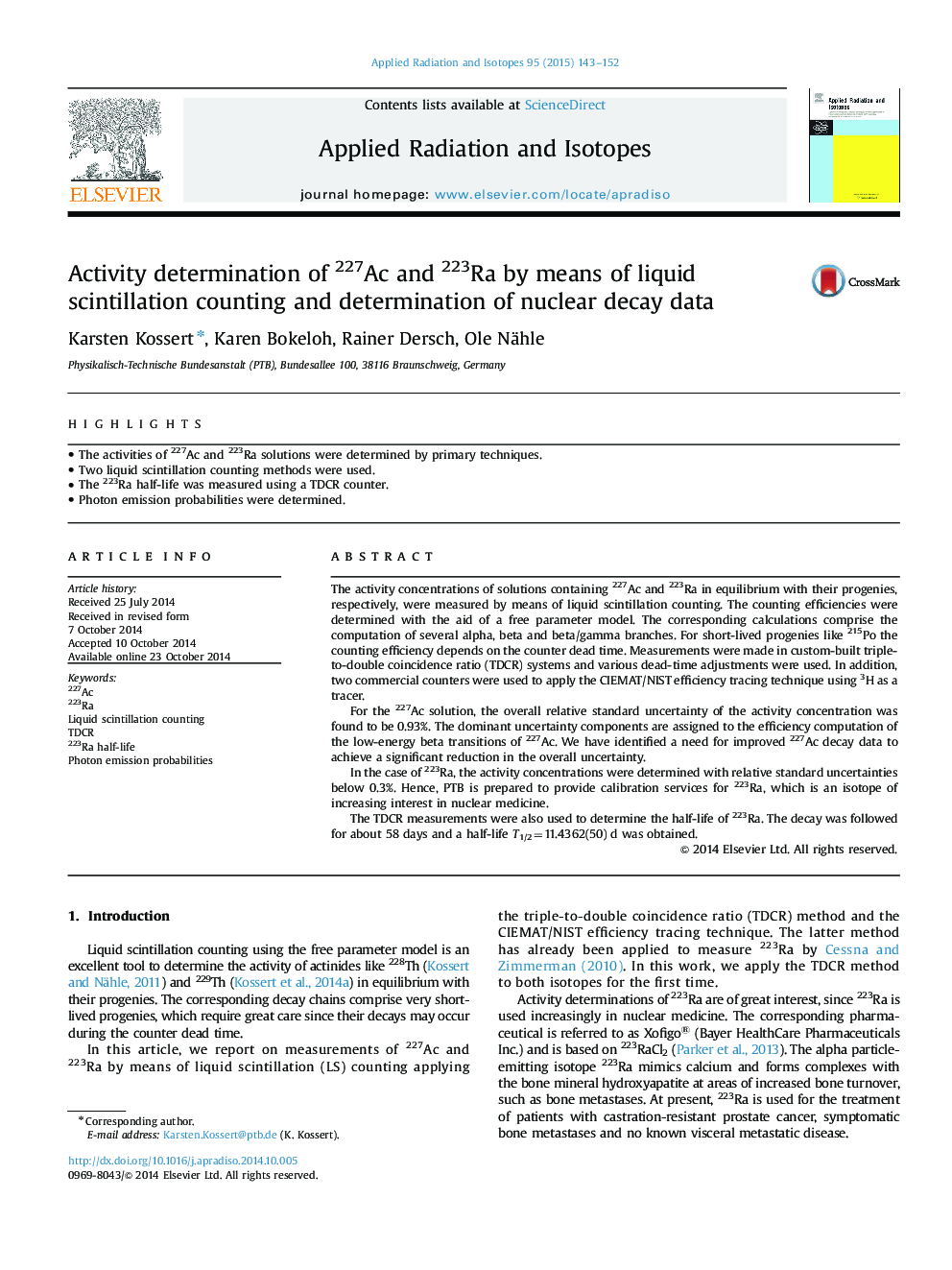 Activity determination of 227Ac and 223Ra by means of liquid scintillation counting and determination of nuclear decay data