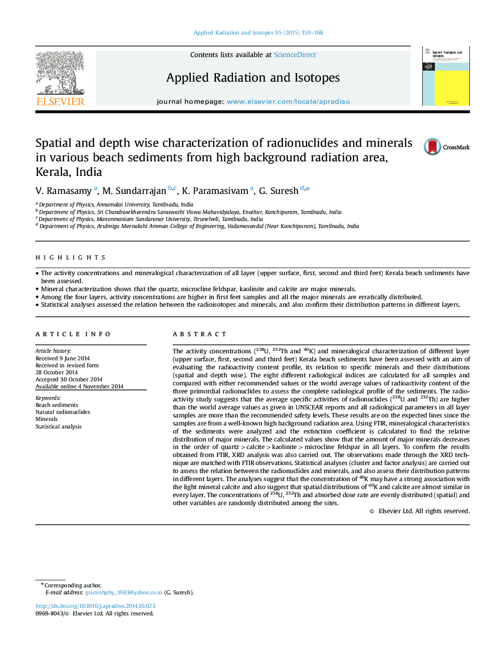 Spatial and depth wise characterization of radionuclides and minerals in various beach sediments from high background radiation area, Kerala, India