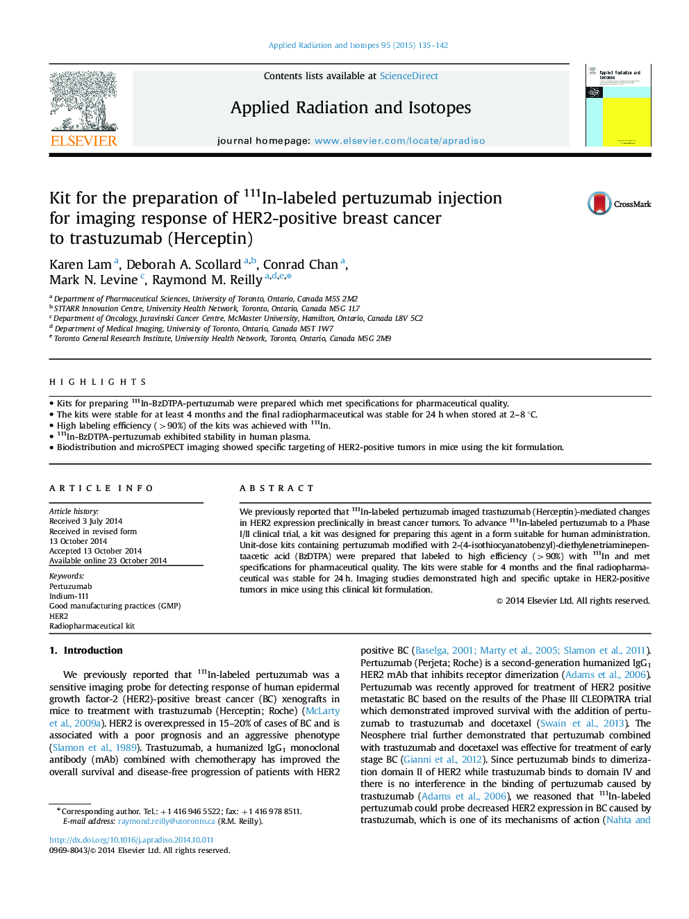 Kit for the preparation of 111In-labeled pertuzumab injection for imaging response of HER2-positive breast cancer to trastuzumab (Herceptin)