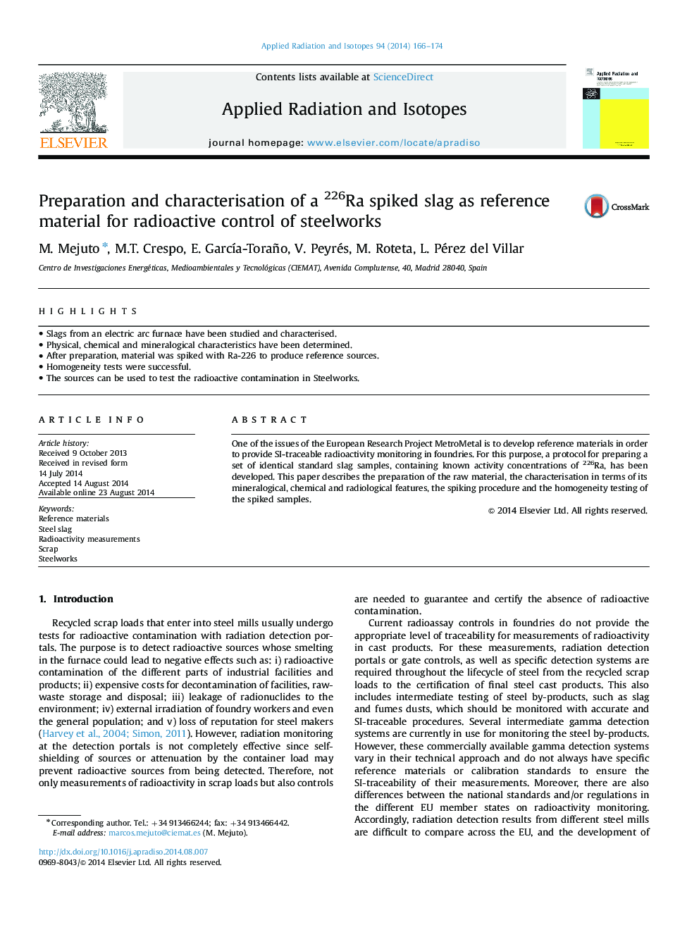 Preparation and characterisation of a 226Ra spiked slag as reference material for radioactive control of steelworks