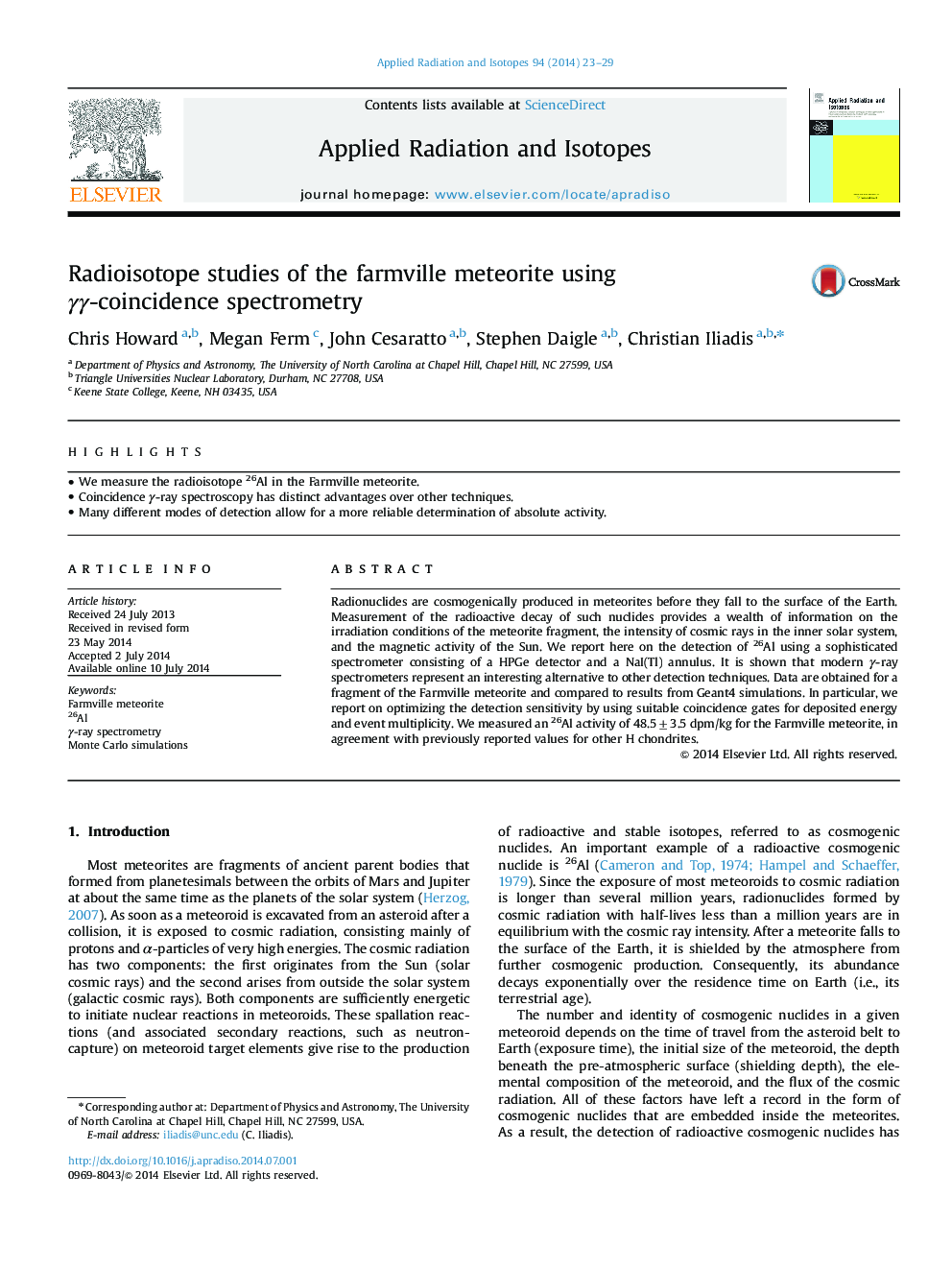 Radioisotope studies of the farmville meteorite using Î³Î³-coincidence spectrometry