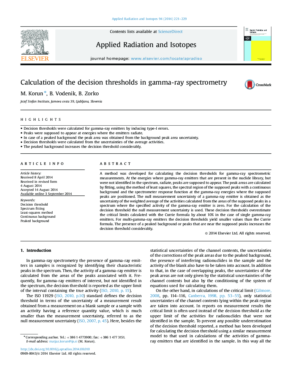 Calculation of the decision thresholds in gamma-ray spectrometry