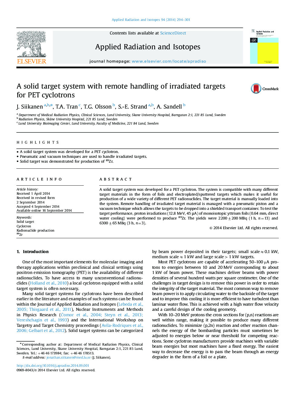 A solid target system with remote handling of irradiated targets for PET cyclotrons