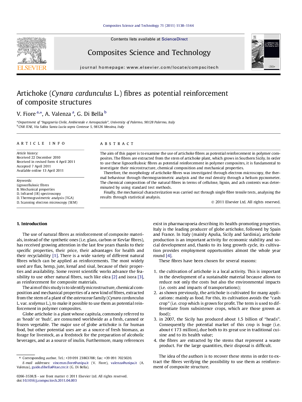 Artichoke (Cynaracardunculus L.) fibres as potential reinforcement of composite structures