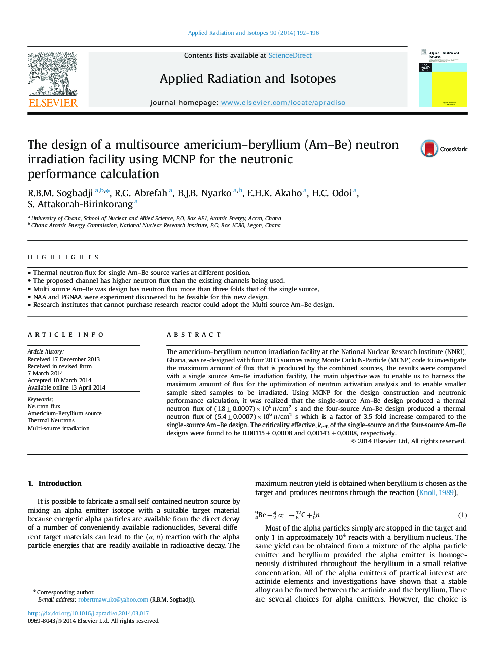 The design of a multisource americium-beryllium (Am-Be) neutron irradiation facility using MCNP for the neutronic performance calculation