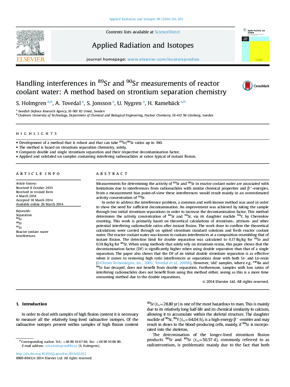 Handling interferences in 89Sr and 90Sr measurements of reactor coolant water: A method based on strontium separation chemistry